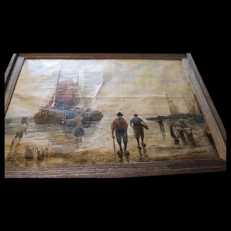 Antique Oil painting signed Hennings Peasants on Fishing Boat: Old oil painting on canvas featuring peasants on a fishing boat, signed by Hennings. Measures 22x30 inches. Shipping:Domestic: Flat-rate of $40.00 to anywhere within the contiguous