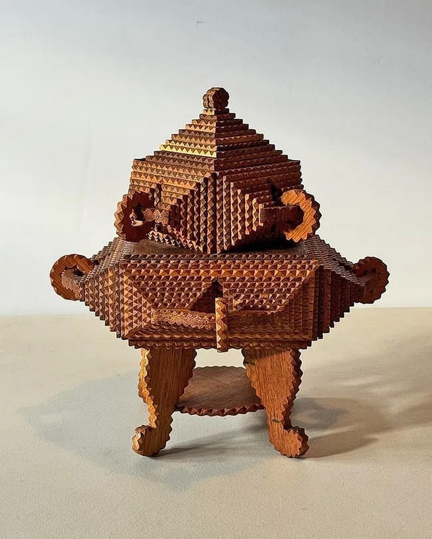 Ornate Tramp Art Pedestal Box w Whimsy Rings: Title: Ornate Tramp Art Pedestal Box w Whimsy Rings Description: Handmade tramp art pedestal box, crafted from layered and chip-carved wood—often reclaimed cigar-box wood or similar thin stock with