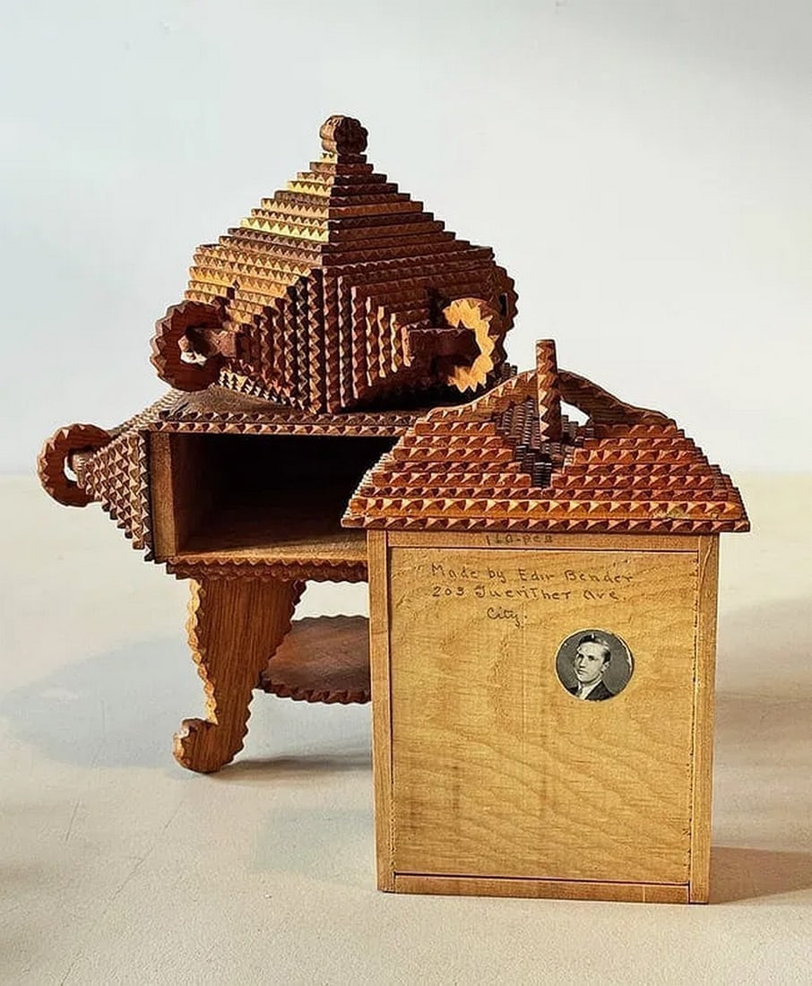 Ornate Tramp Art Pedestal Box w Whimsy Rings - 2