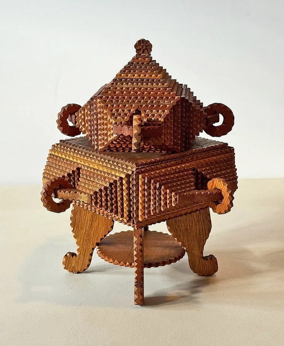 Ornate Tramp Art Pedestal Box w Whimsy Rings - 4