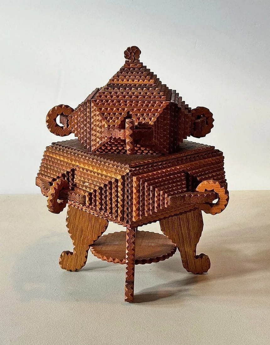 Ornate Tramp Art Pedestal Box w Whimsy Rings - 5