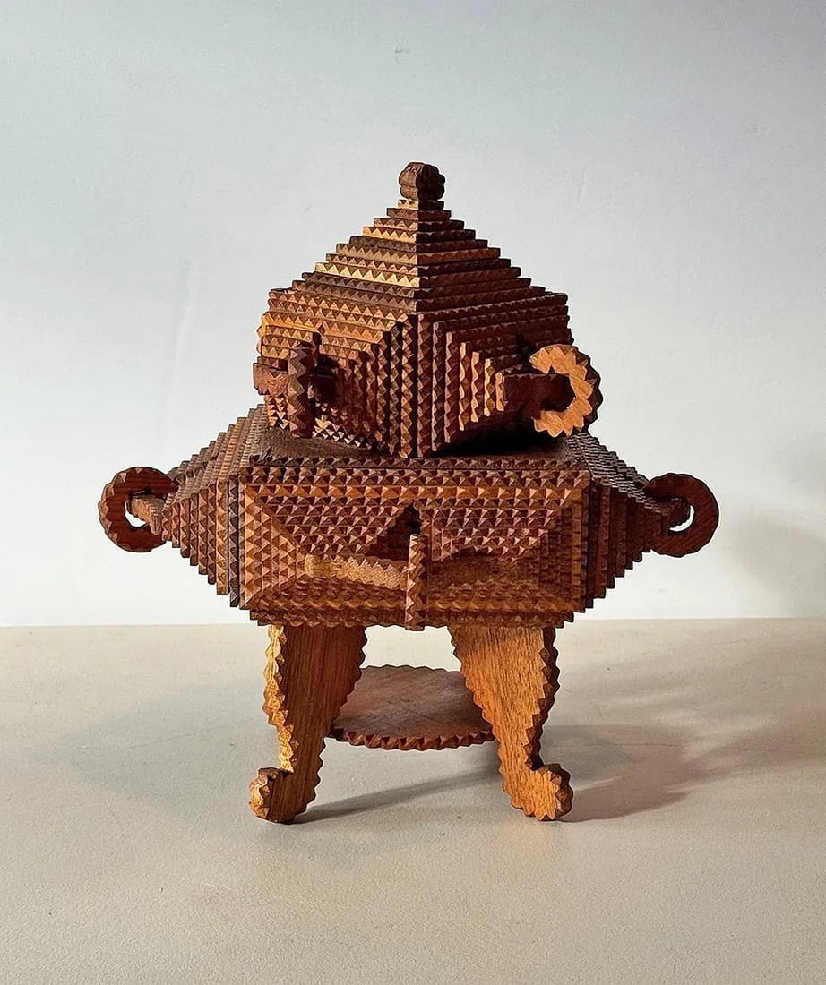 Ornate Tramp Art Pedestal Box w Whimsy Rings - 7