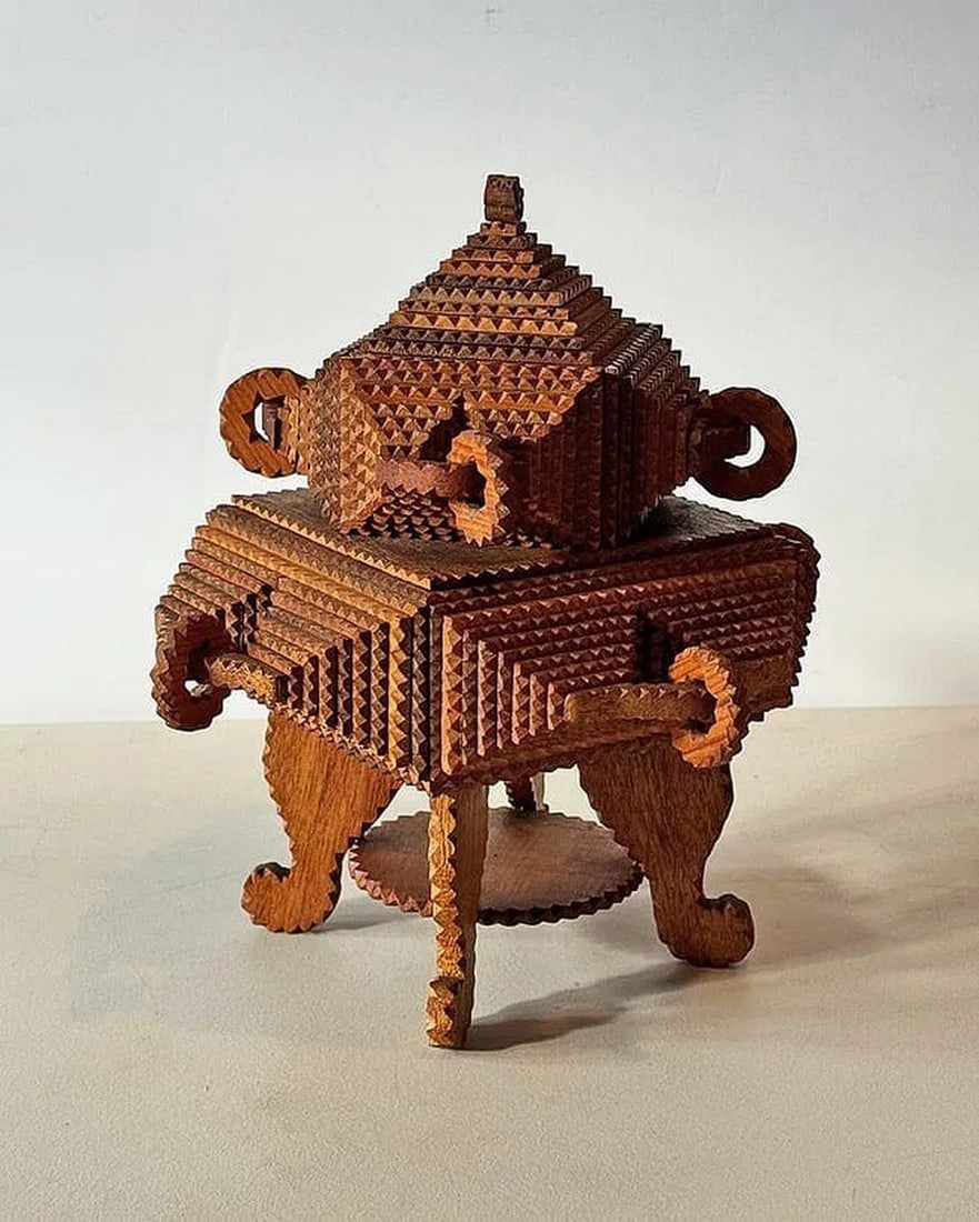 Ornate Tramp Art Pedestal Box w Whimsy Rings - 8