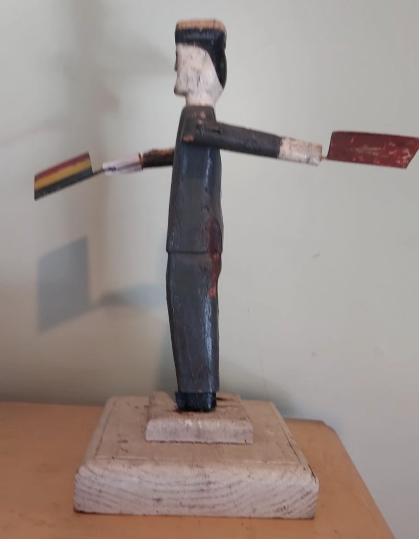 Antique Sailor Whirligig Wooden 19th Century Flag Amazing - 3