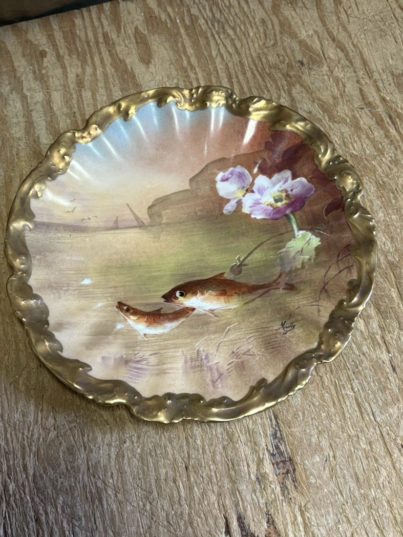 11 Pc Limoges Artist Signed Fish Set - 10