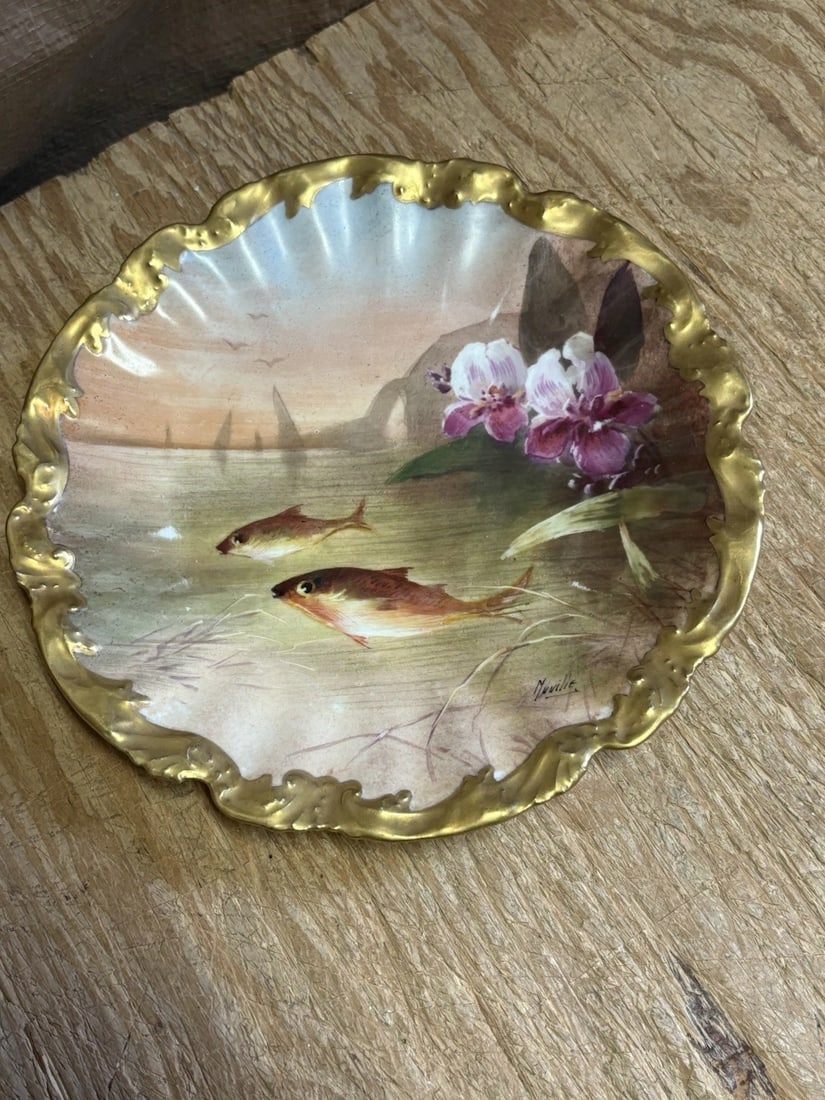 11 Pc Limoges Artist Signed Fish Set - 12