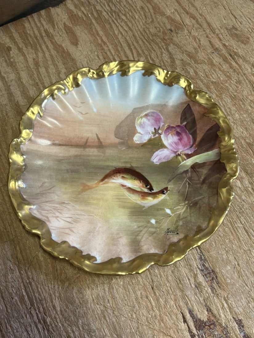 11 Pc Limoges Artist Signed Fish Set - 15