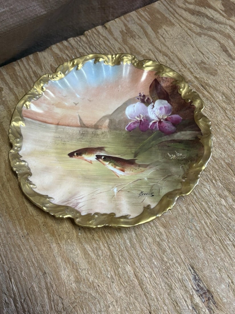 11 Pc Limoges Artist Signed Fish Set - 8