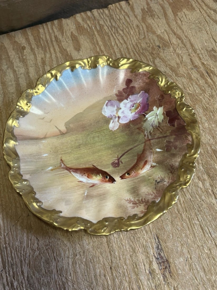11 Pc Limoges Artist Signed Fish Set - 9