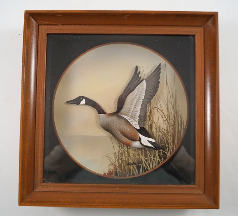 Canada Goose Diorama by J.Q. Whipple: Title: Canada Goose Diorama by J.Q. WhippleDimension: 7 3/4” tall x 7 3/4” wide x 1 7/8” thickDate: CA. 1950’sAdditional Information: Diorama of an exceptional Canada Goose