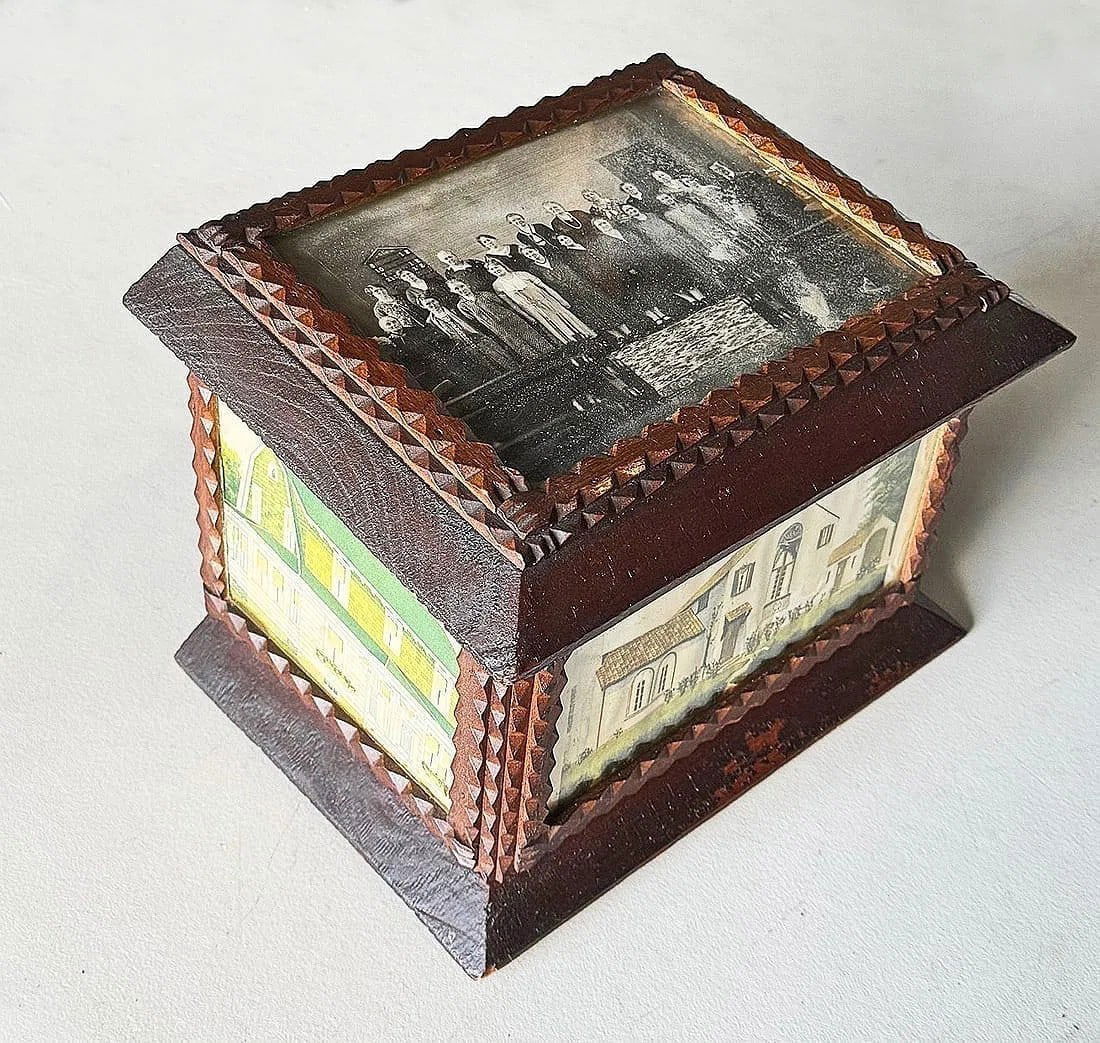 Tramp Art Box with Historical Image & Illustrations - 3