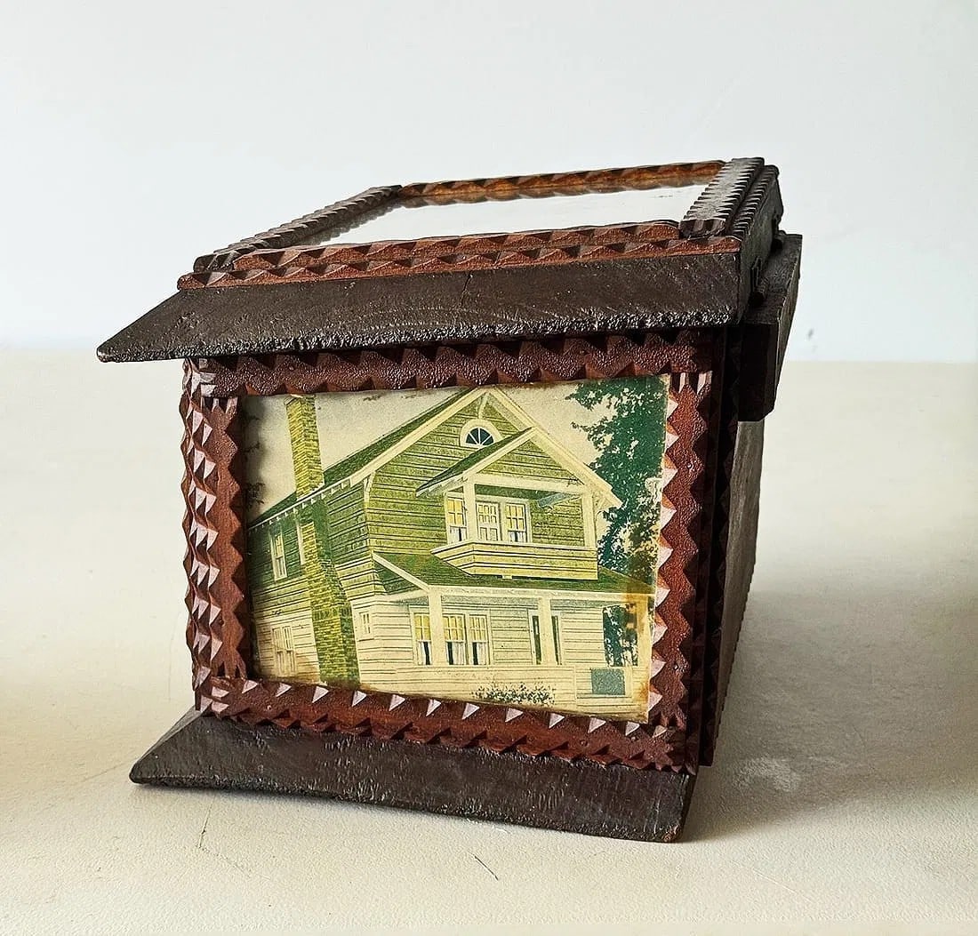 Tramp Art Box with Historical Image & Illustrations - 7