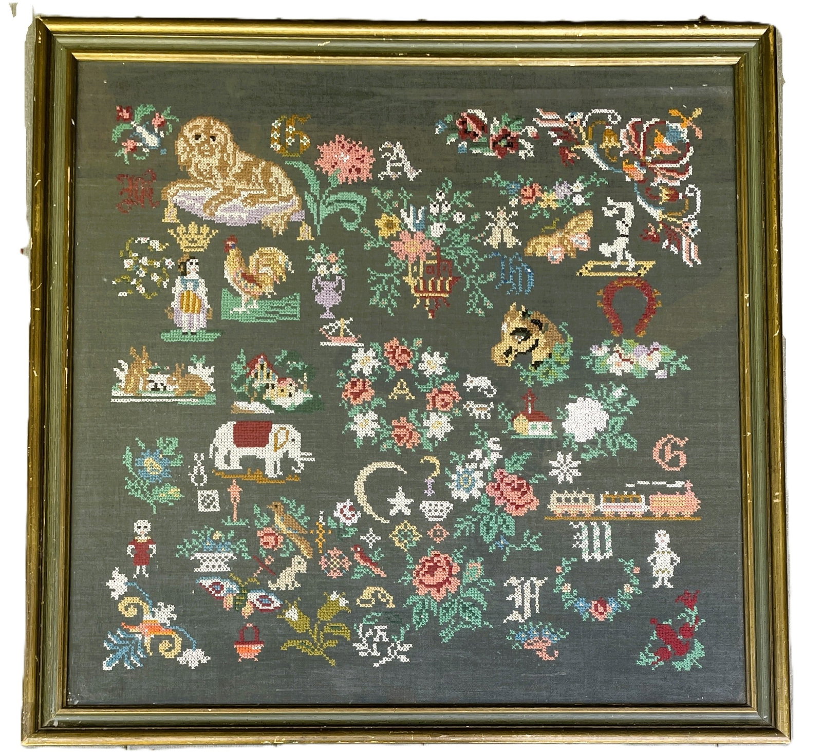 Beautiful LARGE Antique Framed Sampler 28 x 27.5: Date/Period: UNKNOWN Dimension: Approx. 28 x 27.5 Material: MIXED MATERIALS Additional Information: On the back it reads "wrought Lucy M Skeen". It has a very pretty frame, which I believe was likely