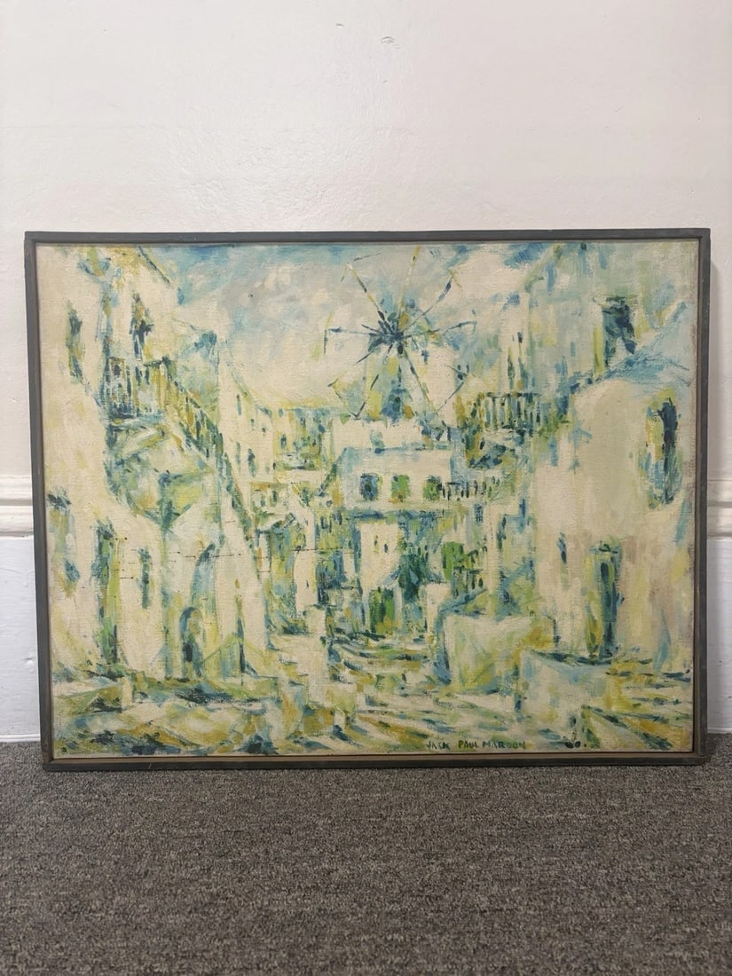 Paul Jack Maroon Greecian Cityscape Oil On Canvas Painting: It measures 24” x 19” and is artist signed in the lower right hand corner. It is in good condition and is being sold as is Shipping:Domestic: Flat-rate of $40.00 to anywhere within the