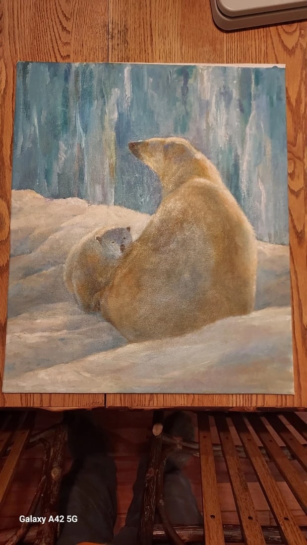 Rare 20th century oil painting Polar Bears, Mother And Cub - 2
