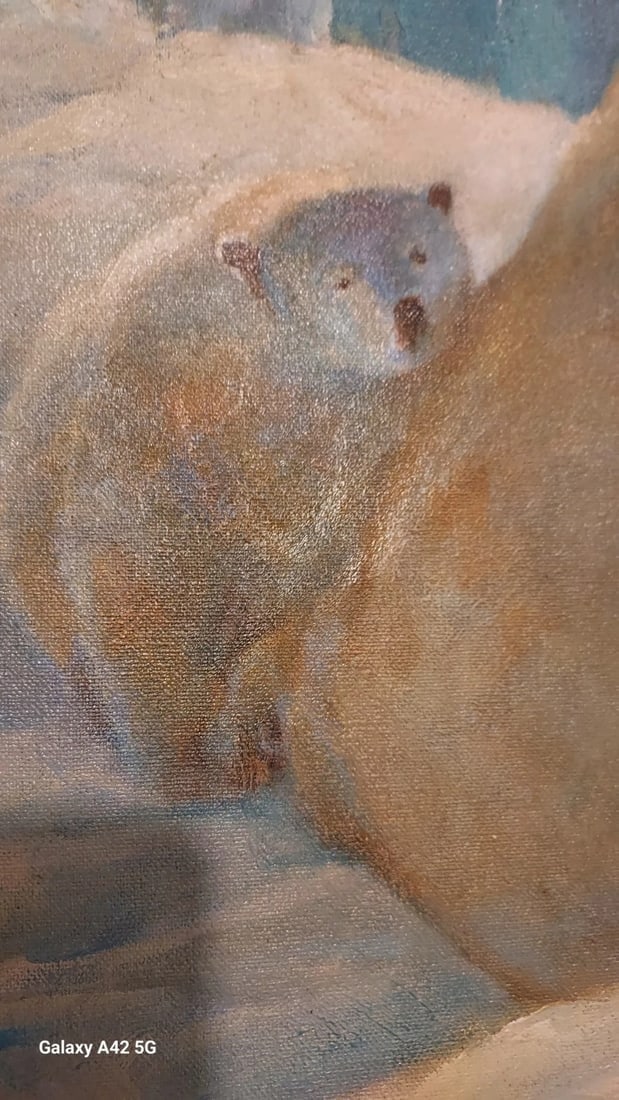 Rare 20th century oil painting Polar Bears, Mother And Cub - 3