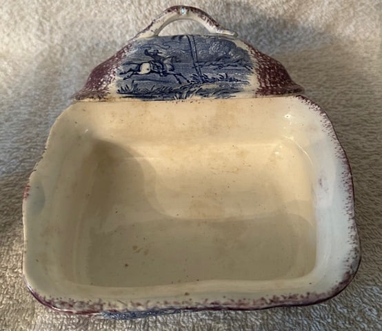 2-Color Staffordshire Box: Peruvian Horse Hunt: This 2 color (purple & blue) Staffordshire covered box includes 4 separate scenes from the Peruvian (Horse) Hunt Pattern by Anthony Shaw, c. 1850. All the views involve chasing wild (I presume)