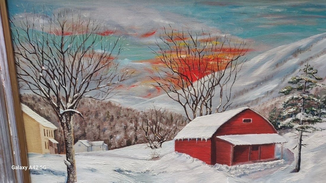 oil painting Sunset In Vermont 1958 Anne Larsen Great Colors Winter Scene - 2