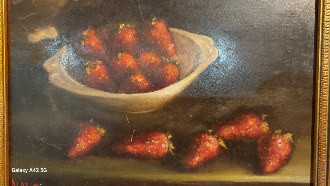 oil painting on Board HERSCHEL Bowl Of Strawberries 19th Century - 2