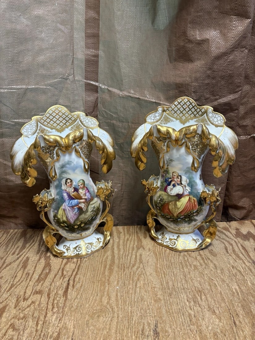 Pr 16 3/4” Paris Porcelain Vases: They measure 16 3/4” x 11 1/4” x 4 3/4” and date around the 1880’s. One has a small repair (see photo). Otherwise they have no other issues. They are an unusually large
