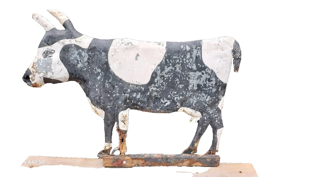 Antique weathervane zinc American Dairy Cow Bull 1920 handmade folk art: Great look to this one of a kind weathervane. Not sure why only painted on one side, Has rot from use. Zinc coated metal. Full body about 1-2 inches thick weighs approximately 5 pounds. Measures 32 x