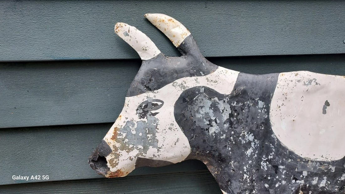 Antique weathervane zinc American Dairy Cow Bull 1920 handmade folk art - 2