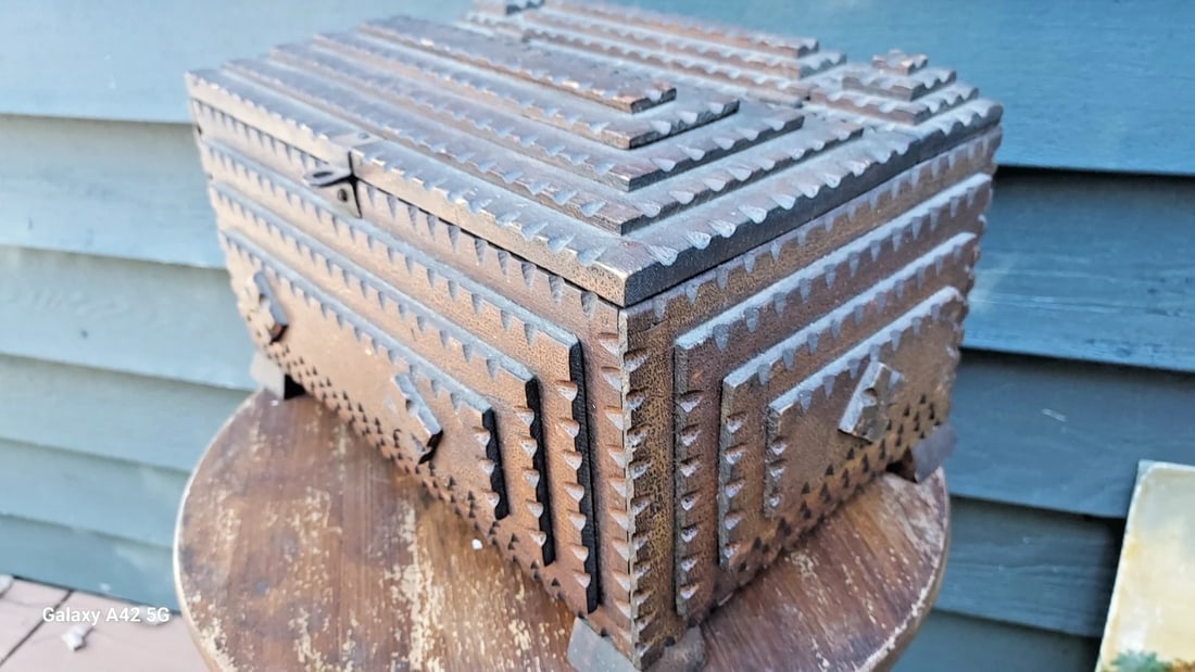 Folk Art Tramp Art Box Huge: Great looking piece in excellent condition. Original darker brown finish. Dates to 1920. No breaks or repairs. . Measures 12 x 8 x 9 . Shipping charges include insurance. Shipping:Domestic: