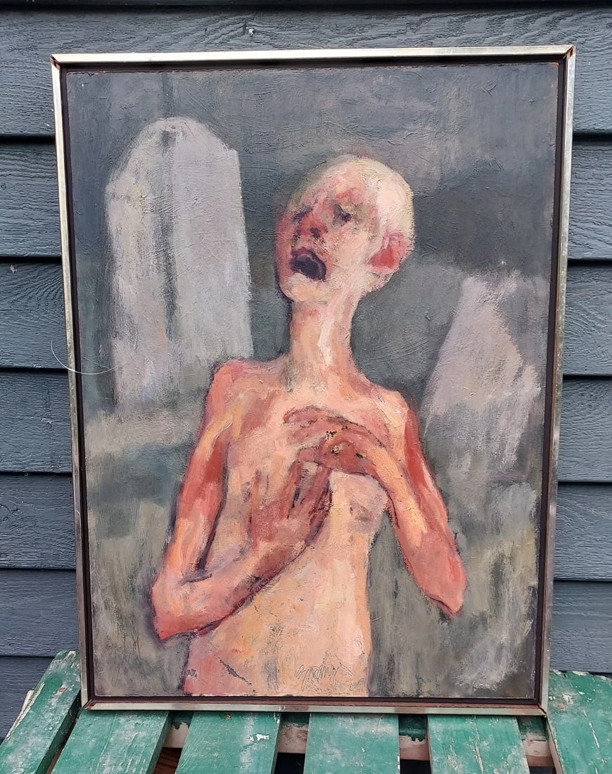 Oil painting SWANK concentration Camp WWII NYC: Great looking piece in excellent condition. Love the colors on this one. These were painted by holocaust survivor . He would be waken up by nightmares and paint his dreams. Last name is Swank NYC .