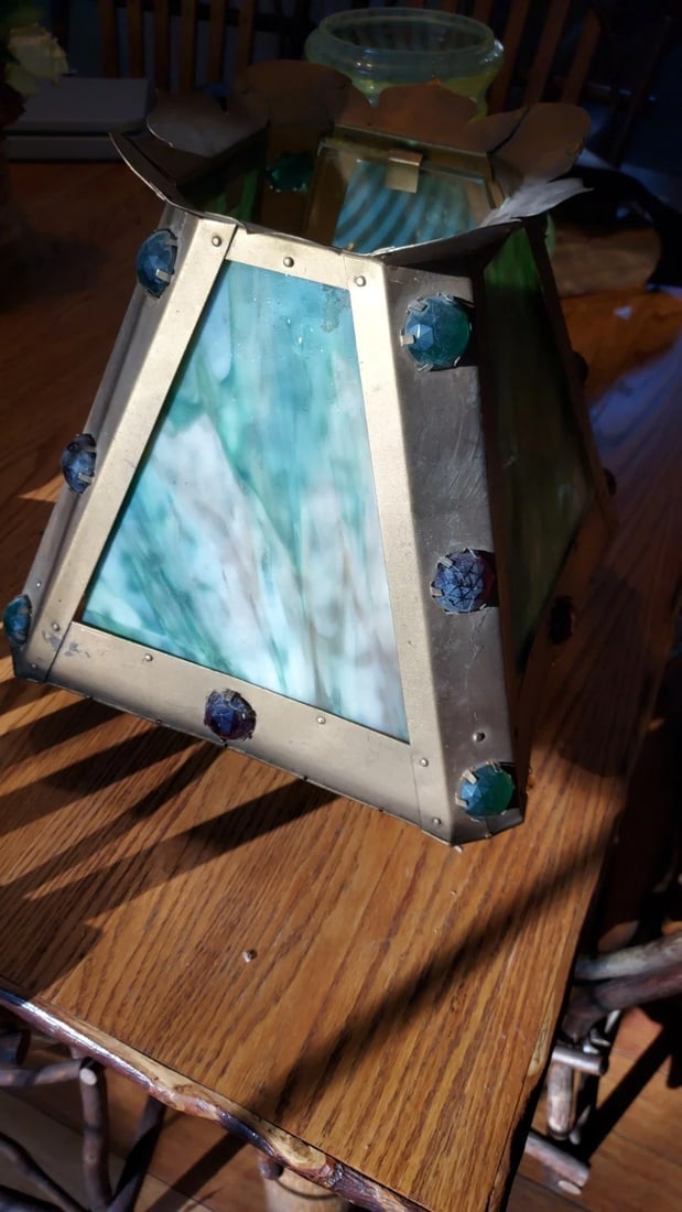 Antique Brass With Stained Jewels Oil Lamp Shade 1880 - 3