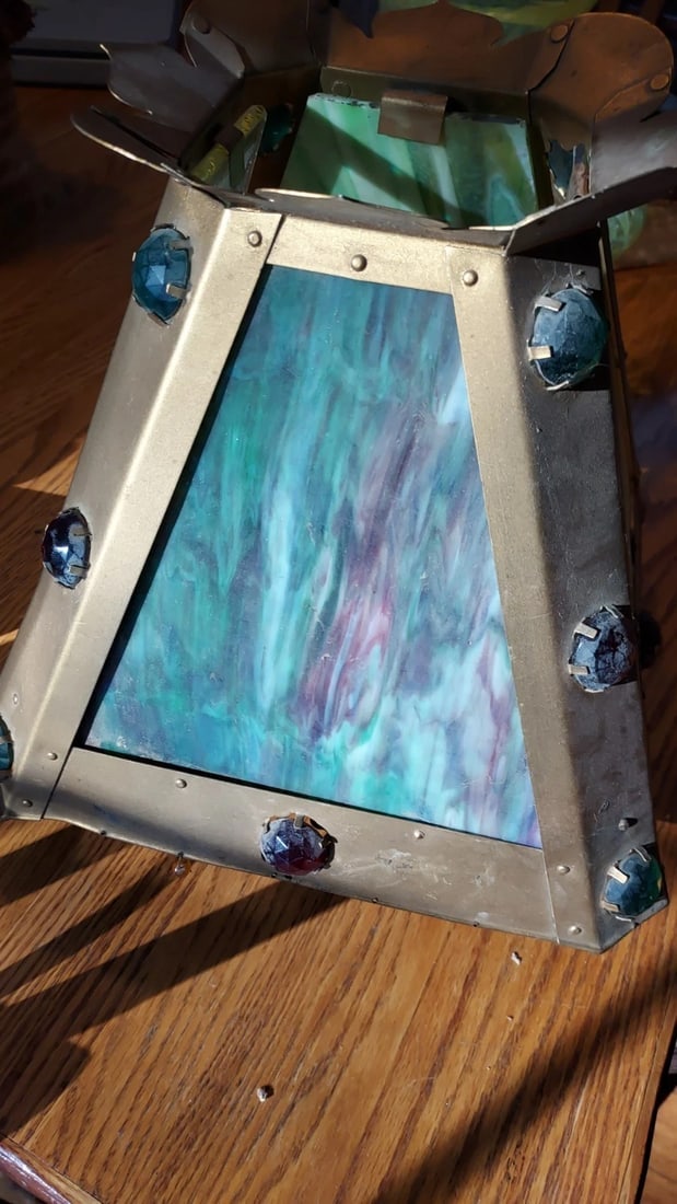 Antique Brass With Stained Jewels Oil Lamp Shade 1880 - 5