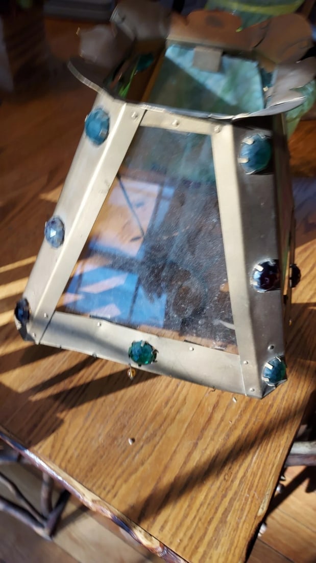 Antique Brass With Stained Jewels Oil Lamp Shade 1880 - 8