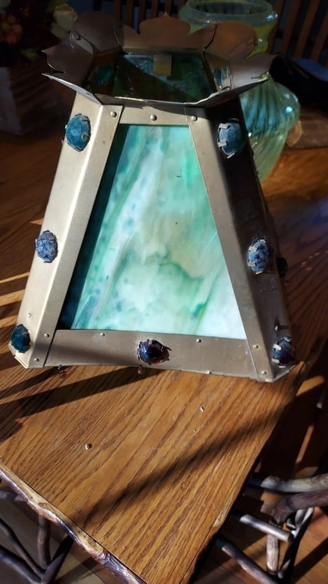 Antique Brass With Stained Jewels Oil Lamp Shade 1880 - 9