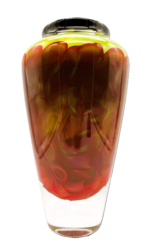 STUNNING JOSEPH NIELANDER VEILED SCULPTURAL VASE: Date/Period: 2004Dimension: box 1 8" tall bottle 7.25" Box 2 2.75" tall Bottle 2.25"Material: GLASSAdditional Information: WATER VAILS SERIES, RED VAILS OVER YELLOW-GREEN WITH BLACK RIM AND CLEAR