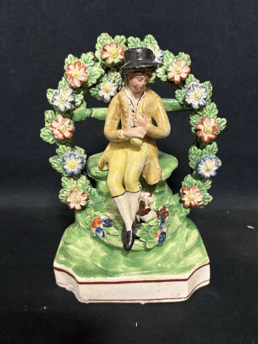 Staffordshire Bocage Piping Shepherd Figure: It measures 6 1/2” x 4 1/4” x 2 7/8” and dates around 1870. It has no chips, cracks or repairs Shipping:Domestic: Flat-rate of $15.00 to anywhere within the contiguous