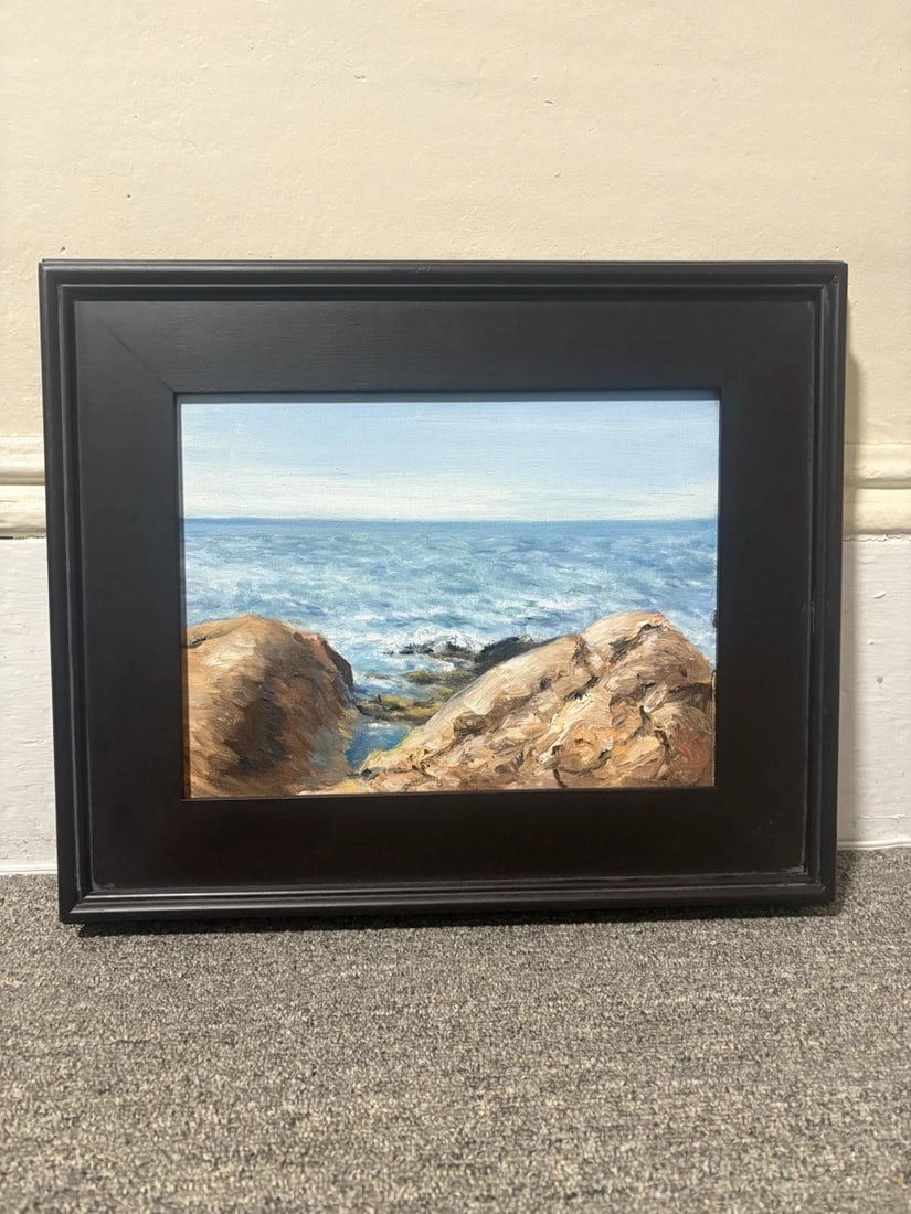 Aline Lotter Oil On Canvas Coast Of RI Seascape Painting: The frame measures 17 1/2” x 14 1/2” and the canvas measures 12” x 9”. It is in good condition and is being sold as is Shipping:Domestic: Flat-rate of $25.00 to anywhere