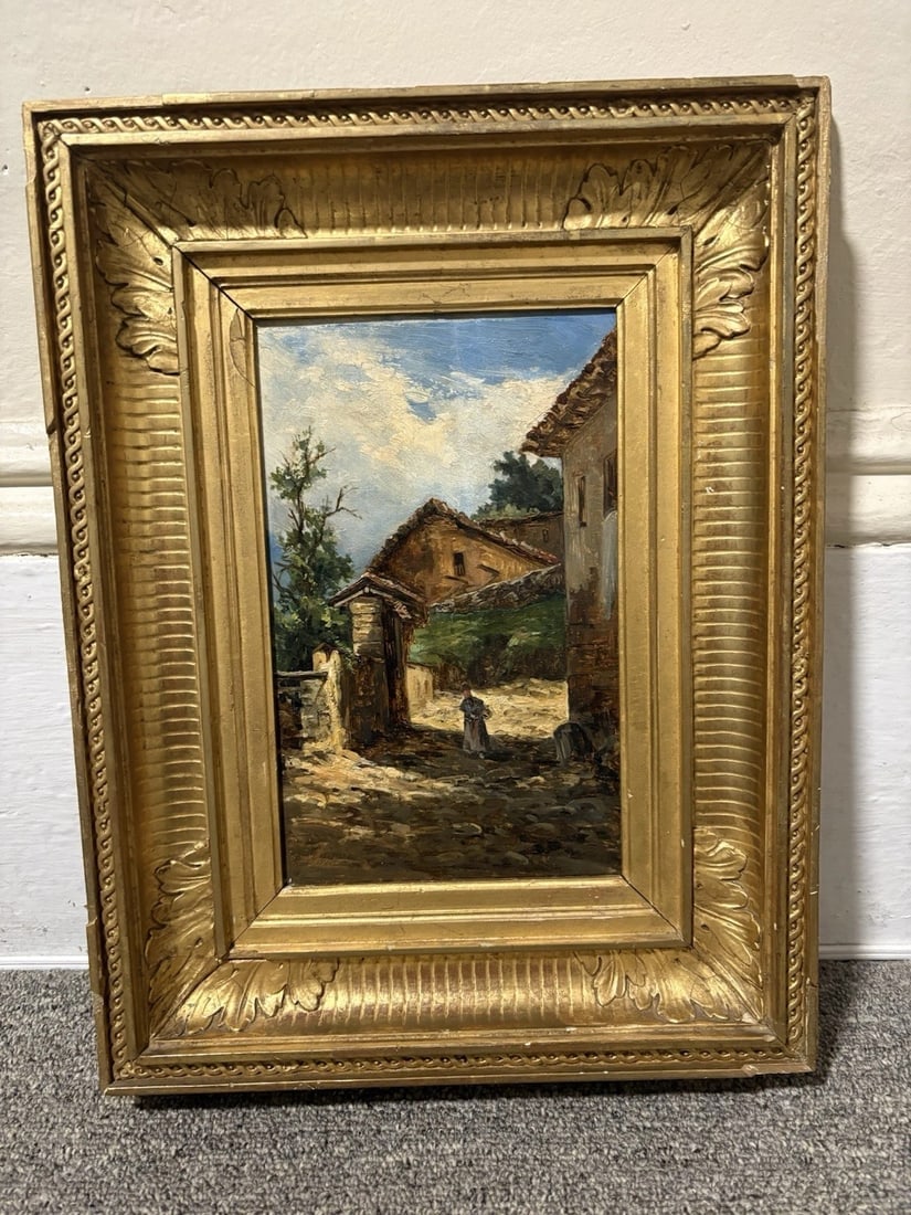 Artist Signed European Landscape Oil On Board Painting: The frame measures 15 1/2” x 12” and the board measures 9 1/2” x 6”. It is artist signed and dated in the lower left hand corner. It is in good condition but the frame has