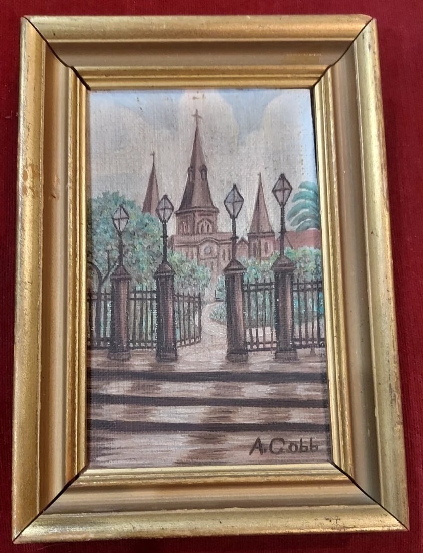 A. Cobb St. Louis Cathedral New Orleans Painting 4 x 6" on board: Great looking piece in very good condition. Dates to 1950's. Measures approximately 4 x 6" plus frame. Shipping charges include insurance. Shipping:Domestic: Flat-rate of $20.00 to anywhere within