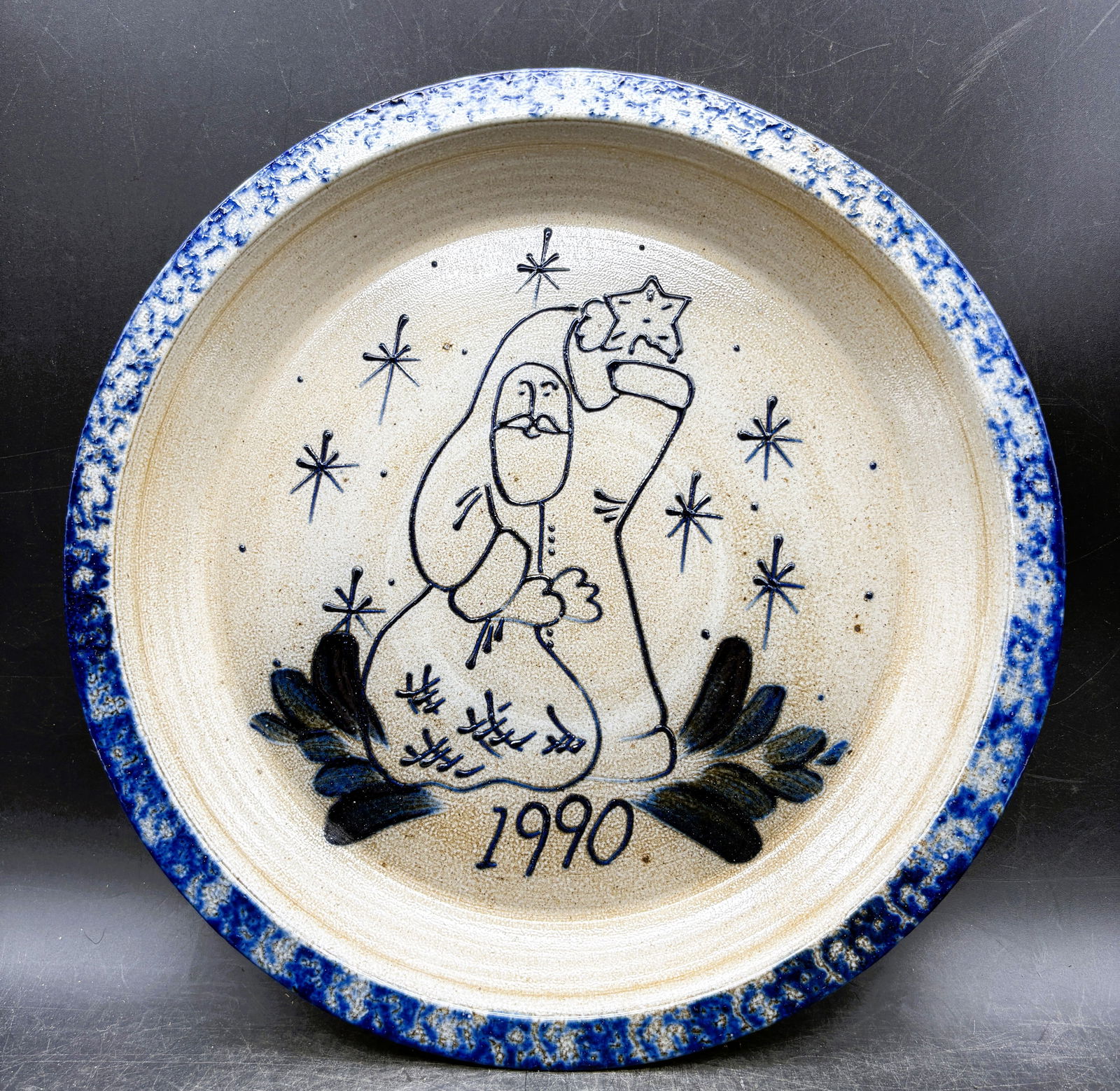 1990 Eldreth Stoneware Pottery Christmas Pie Plate: Date/Period: 1990 Dimension: Approx. 11" diameter Material: Stoneware Additional Information: 1990 Eldreth Stoneware Pottery Christmas Pie Plate Shipping: Domestic: Flat-rate of $12.00 to anywhere wit