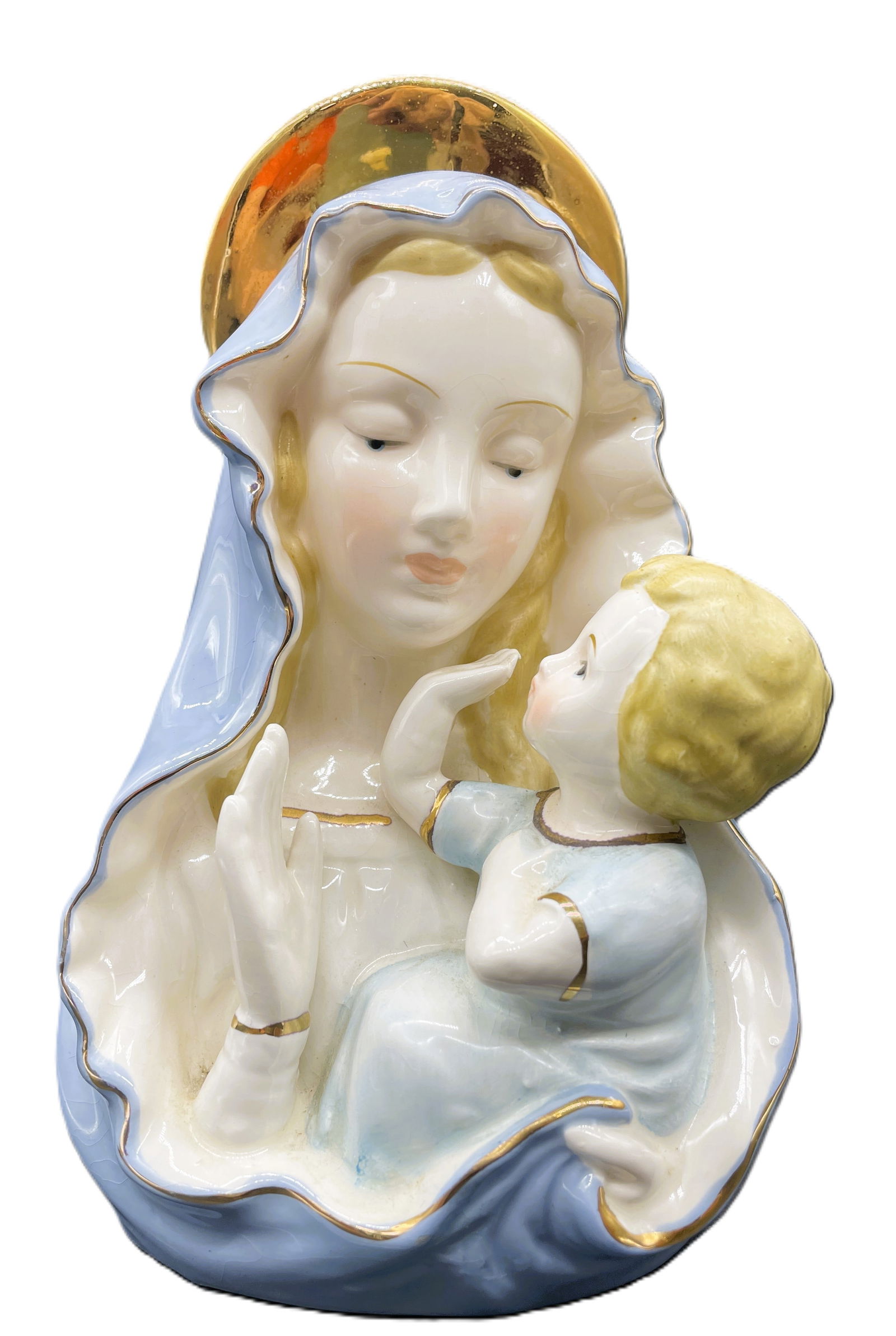 RUBEN'S 1960 MOTHER MARY AND BABY JESUS PORCELAIN PLANTER, JAPAN: Date/Period: Approx. 1960'sDimension: Approx. 7.5 x 4Material: ceramicAdditional Information: Beautiful Vintage Mother Mary and Baby Jesus porcelain planter. Mary is wearing a halo of gold with her