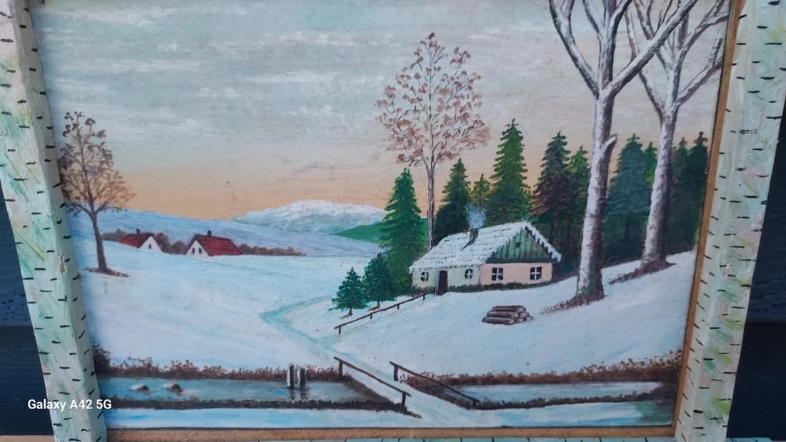 Folk Art Frame oil painting on Board cabin in woods 1940 Signed: Great looking piece in very good condition. Nice antique folk art piece. Signed on back. Measures 8 x 11" overall. Shipping charges include insurance. Shipping:Domestic: Flat-rate of $20.00 to
