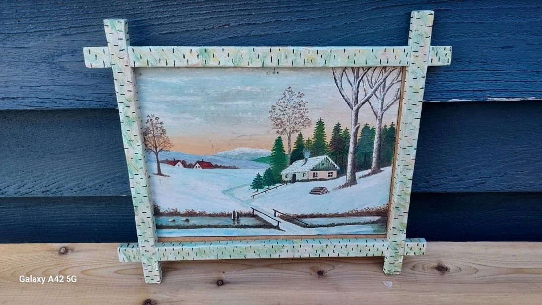 Folk Art Frame oil painting on Board cabin in woods 1940 Signed - 2