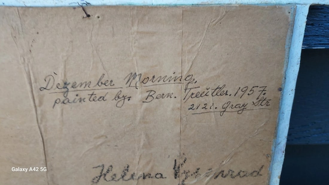 Folk Art Frame oil painting on Board cabin in woods 1940 Signed - 3