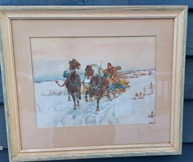 1950 Watercolor sleigh ride horses Russian racing AH TROIKAS: Great looking piece in excellent condition. Nice detail. Painted in possibly Russia. Great look. Measures approximately 17 x 13" overall. Shipping charges include insurance. Shipping:Domestic: