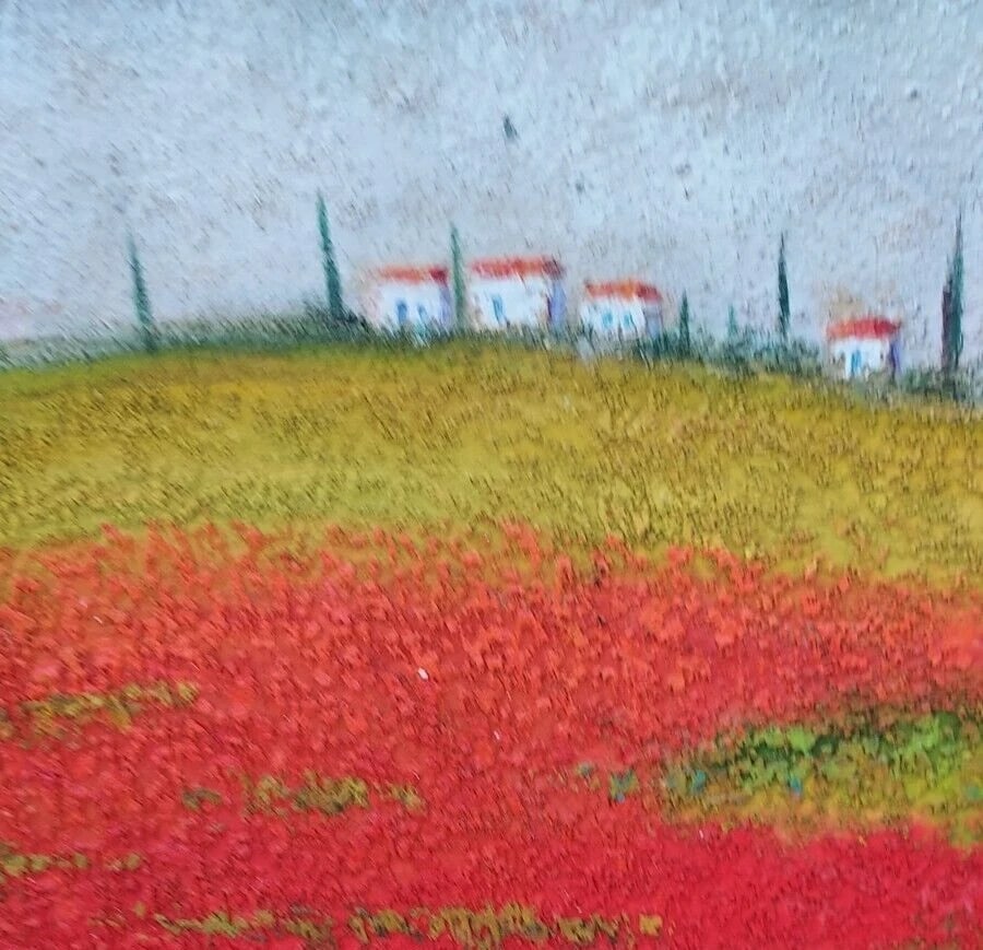 Beautiful colorful Houses on the hill covered with flowers modern 1980-2000: Great looking piece in Excellent condition. So colorful. Could be 50 years old. Fantastic looked. Well done. Signed . Purchased in Florida. Heavy paint. Measures 30 x 30" . Shipping charges include