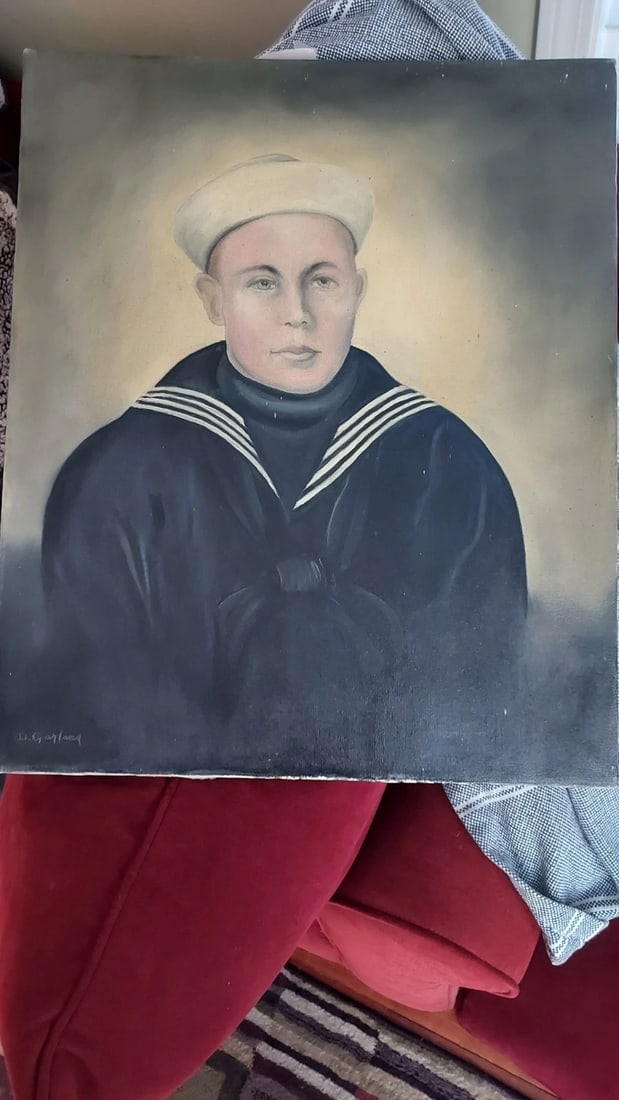 Sailing Ship American Sailor Painting On Canvas WWI Lewis Crosby Naval Aviator: Great looking piece in excellent condition. Guessing from 1950's. WWI aviator pilot. Rare line of work in that time period. Measures approximately 24 x 20". Shipping charges include insurance. 