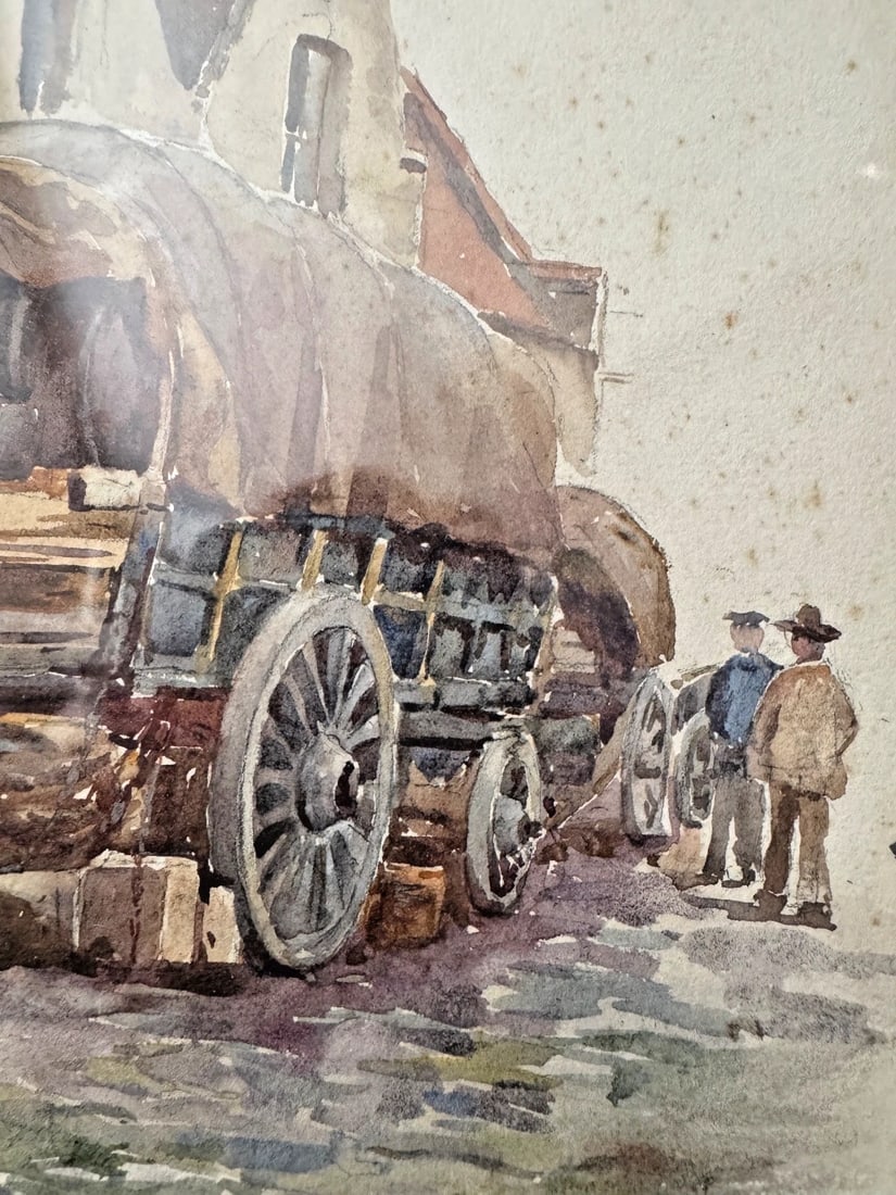 1904 SIGNED ORIGINAL LANDSCAPE Wagon Figures WATERCOLOR PAINTING: This 1904 signed original landscape watercolor painting is a unique piece of Americana art from the early 20th century. The painting features a rustic wagon and figures set against a natural