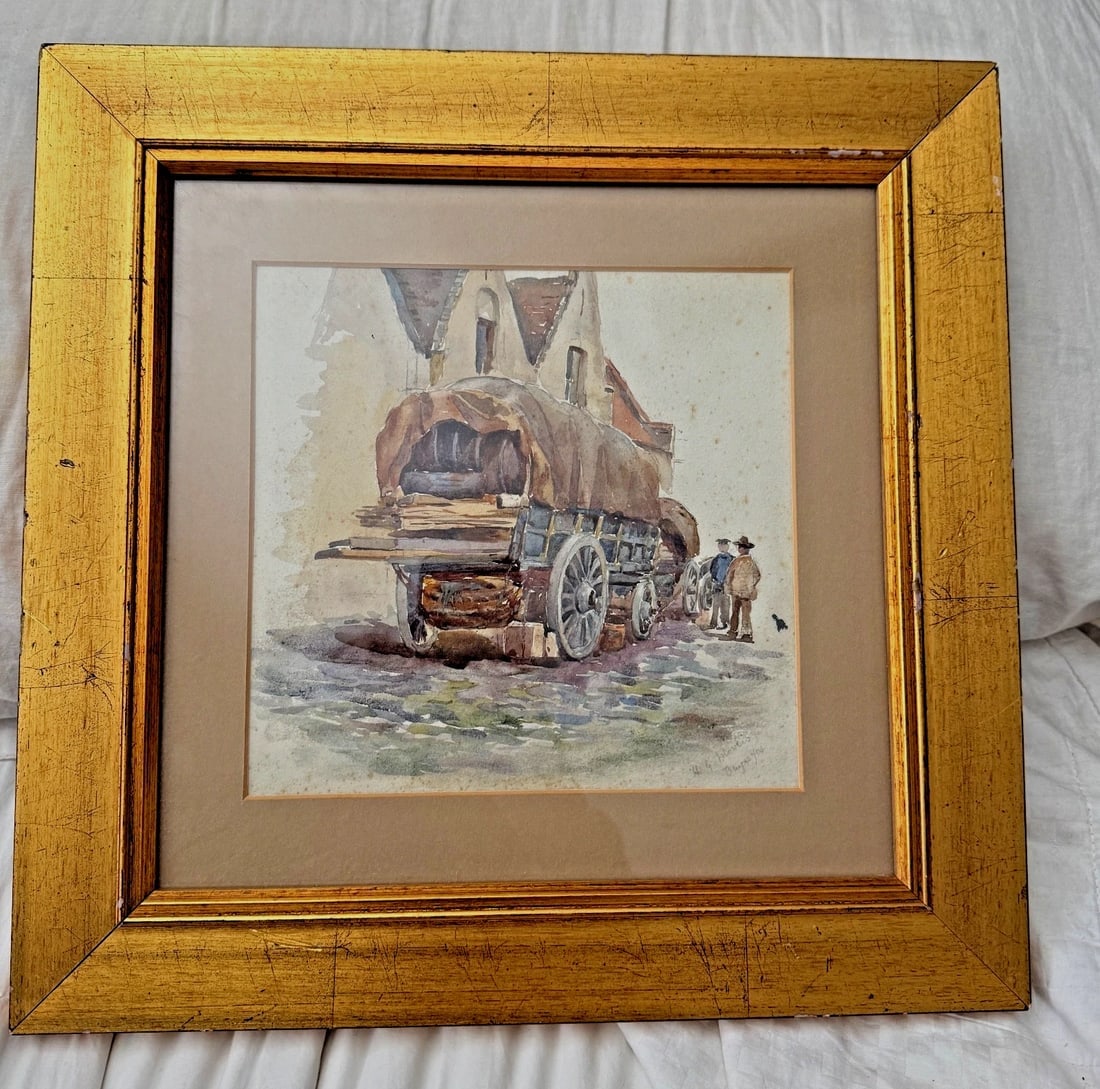 1904 SIGNED ORIGINAL LANDSCAPE Wagon Figures WATERCOLOR PAINTING - 2