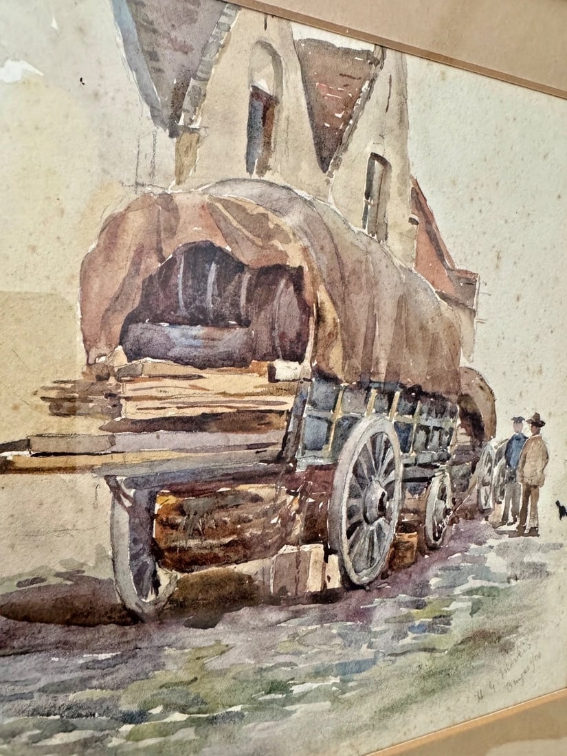 1904 SIGNED ORIGINAL LANDSCAPE Wagon Figures WATERCOLOR PAINTING - 5