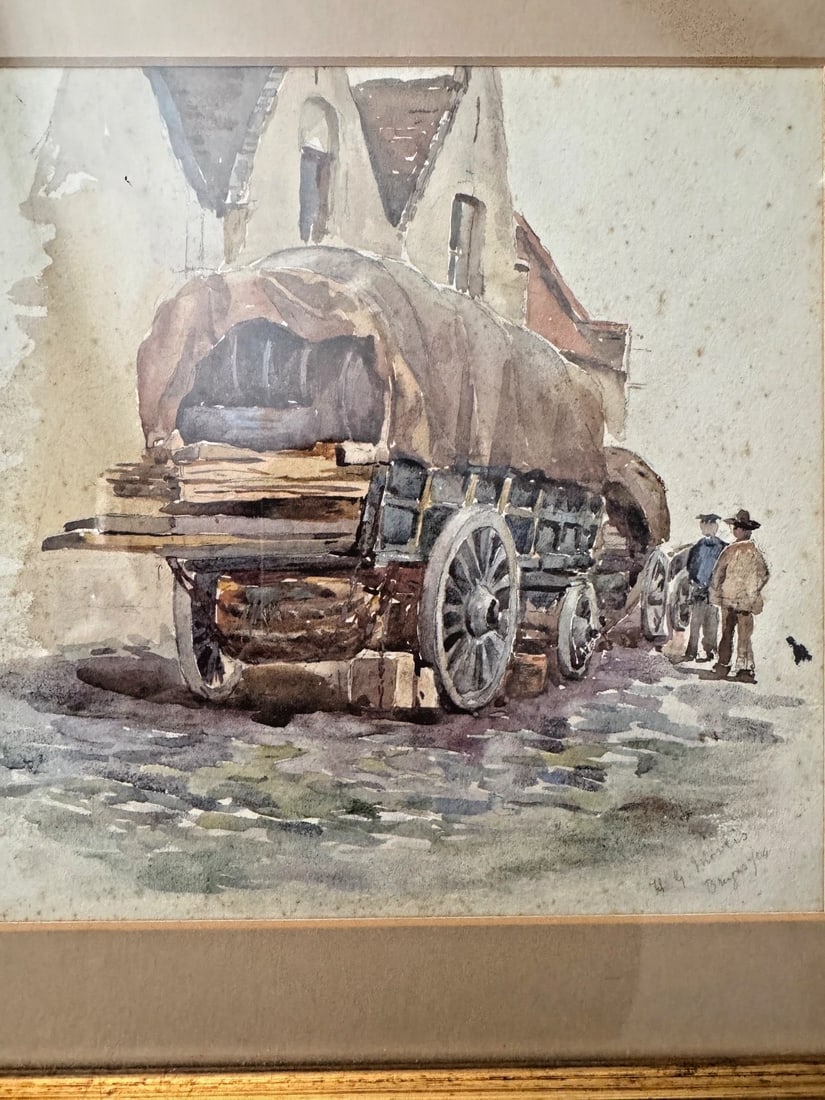 1904 SIGNED ORIGINAL LANDSCAPE Wagon Figures WATERCOLOR PAINTING - 6