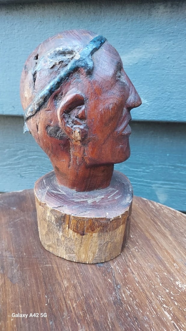 Antique Wood Carved Folk Art American Indian Face Elm - 2